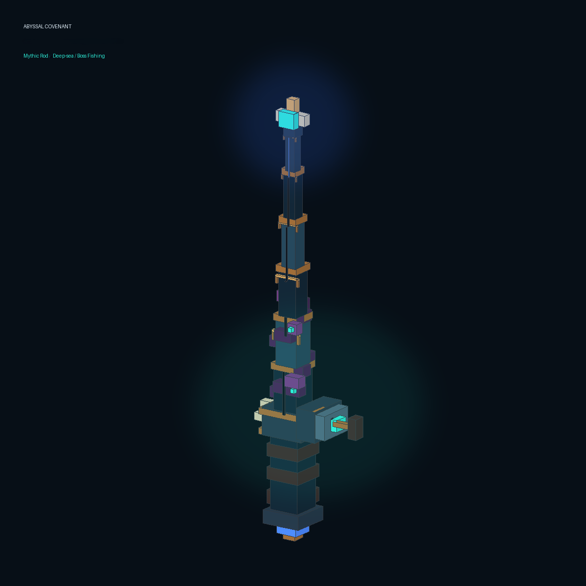 The Abyssal Covenant rod: a dark deep-sea rod with bronze bands, a purple tentacle wrapped around the lower shaft, cyan bioluminescent accents and an oversized reel.